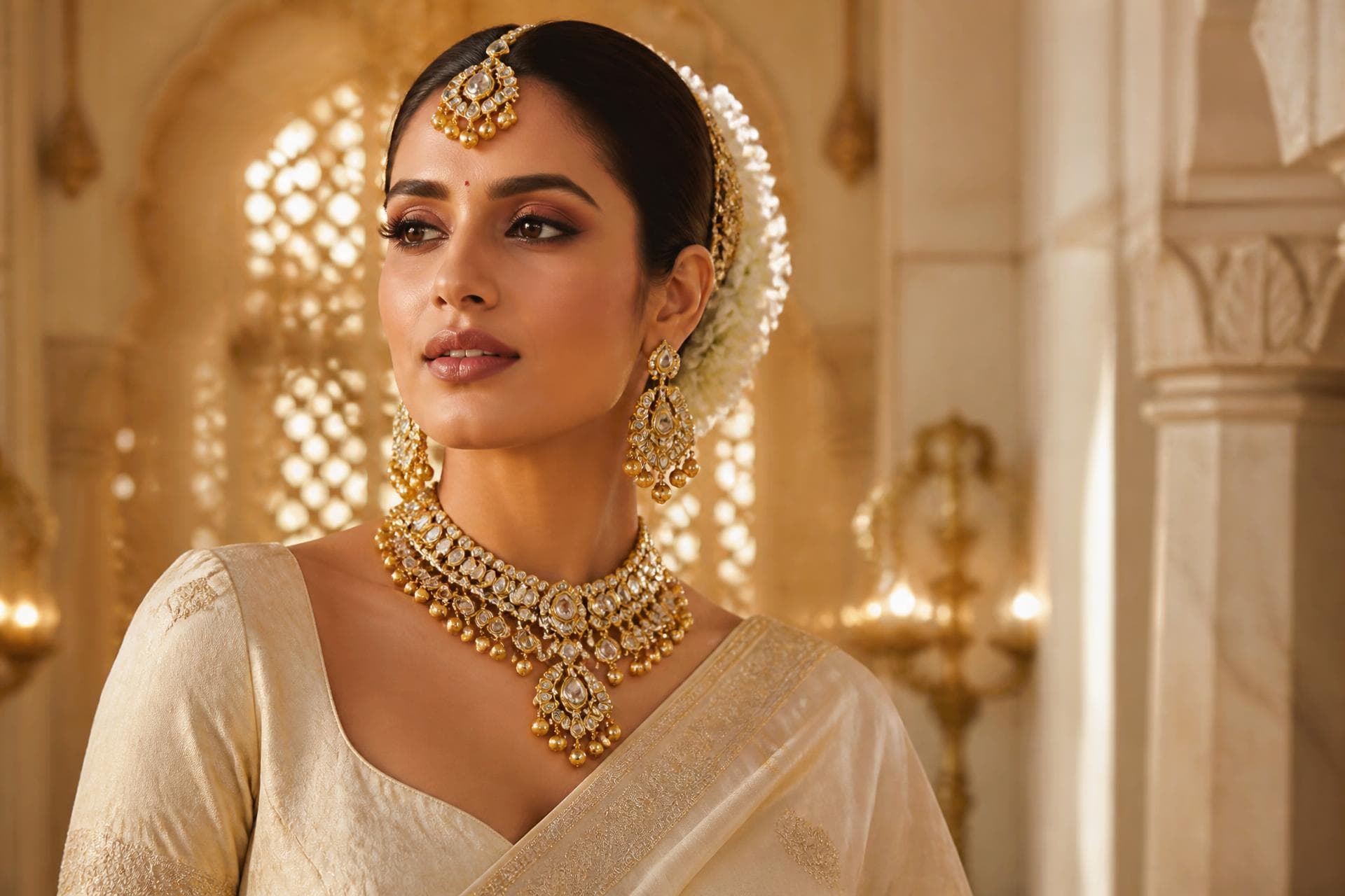 Model in ivory silk wearing an ornate gold kundan set